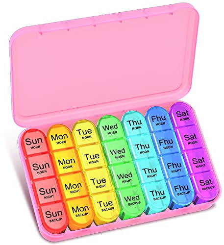 Pill Box 4 Times a Day, Betife Weekly Pill Box Organisers, 7 Day Tablet Organiser, Daily Pill Dispenser 7 Day 4 Compartments, Tablet Box for Medication, Vitamins and Supplements (Pink)