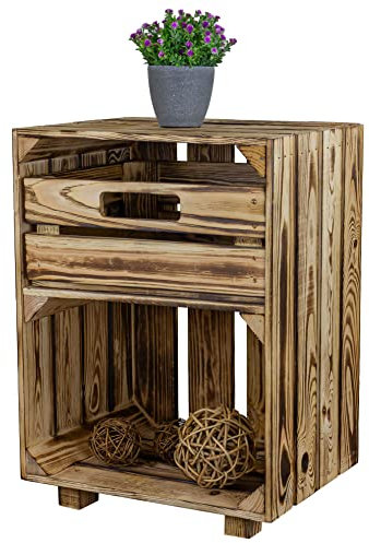Kistenkolli Altes Land Nachttisch Abstelltisch weiß/geflammt mit Schublade ca 30x40x55cm Regalkiste Flaschenablage Weinregal Nachtschrank Weinkiste (geflammt)