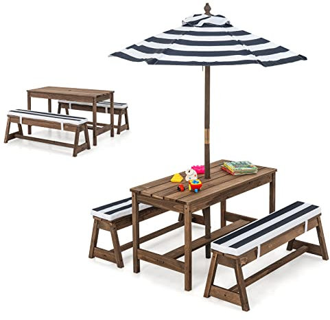DREAMADE Table de Pique-Nique en Bois 89x44x50CM pour Enfant avec Parasol Amovible et Coussin - Bancs de Camping Charge 150+75KG - d'Activités pour Jardin, Cour, Pelouse (Bleu+Blanc)