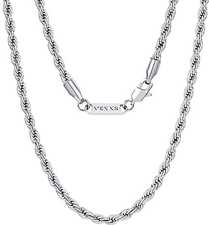 VEXXS Rope Chain, 18K Real Gold Plated Rope Necklace Mens Gold Chain, Durable No Color Fading 3mm 5mm Miami Cuban Link Chain Men’s Necklace 46-66cm