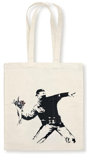 Stofftasche Banksy - Blumenwerfer: Aus 100% Baumwolle mit langen Trägern. Umhängetasche. Reusable Bag. Motiv: Street Art Graffiti The Flower Thrower Blumen