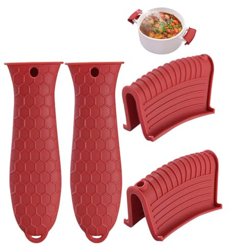 XCVCVB 4 unidades de mango de silicona para sartenes calientes, manguitos de agarre, antiescaldaduras, antideslizantes, para sartenes calientes, sartenes, fondue, cazuela roja