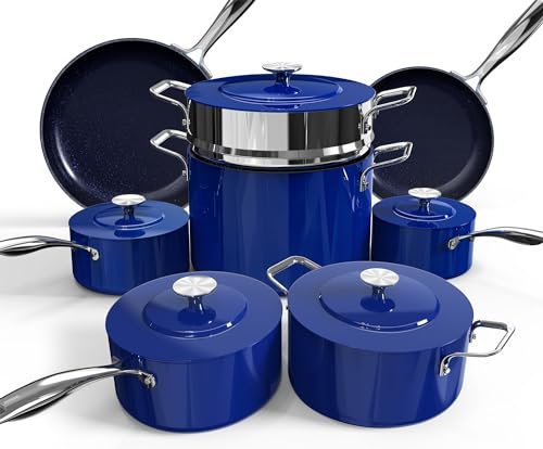 Nuwave Lux Batterie de cuisine légère forgée 13 pièces sans PFAS - Revêtement en céramique Duralon G10 sain - Ultra anti-adhésif - Poignées qui restent froides - Fonctionne sur toutes les tables de