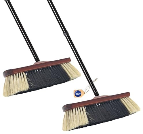 Novaliv 2 escobas de habitación con mango estable, mezcla de cerdas suaves, 4 piezas, mango variado natural, para laminado y parqué, cerdas naturales