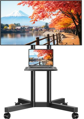 Rfiver Rolling TV Stand with Laptop Shelf, Mobile TV Stand with Upgraded Wheels for 32-75 Inch TVs, Height Adjustable Mobile TV Cart up to 88lbs, Portable TV Mount Stand for Outdoor, Home, Office