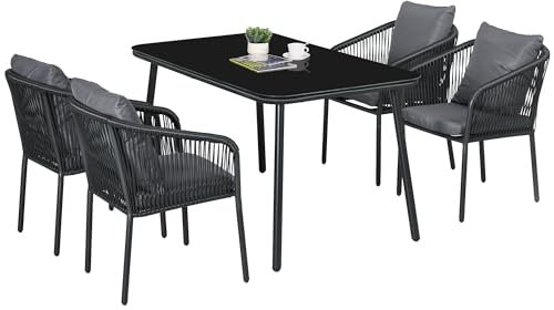 Outsunny Juego de Muebles de jardín para 4 Personas de ratán PE con sillas apilables y Cojines, encimera de Cristal Templado, Estructura de Aluminio, Gris y Negro