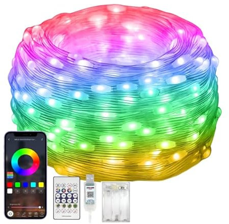 Lichterkette Außen,10M 99+Modi Wasserdichte Bunt RGB Smart IC Lichterkette mit Timer, App/Fernbedienung Steuerung, Musik Sync, Batterie Inklusive, für Balkon Garten Party Weihnachten Hochzeit Deko