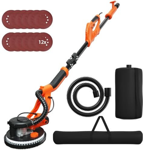 SOARS Levigatrice per Muro 750W, Ø 250 MM, 6 Velocità Massima di Rotazione 1750 Giri/Min, Giraffa Levigatrice con Manico Telescopico, Luce LED, 12 Carte Abrasivi & Sacchetto, per Muro, Soffitti