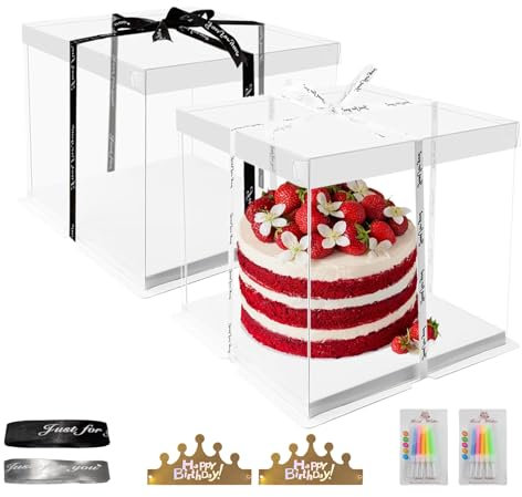 Gxlaihly 2 Stück Transparente Geschenkbox, Transparente Tortenschachtel, Cake Box mit Sockel und Band, Torte Geschenkbox Durchsichtig Wiederverwendbar, für Geburtstag Dessert 10 Inch(30 * 30 cm)