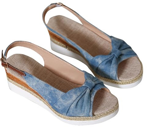 Damen Keilsandalen Fischmaul Slingback Plateausandalen Knöchelriemen High Heel Sandalen Schleife Offene Zehensandalen Strandschuhe EU 36-42 Sky Blue 41