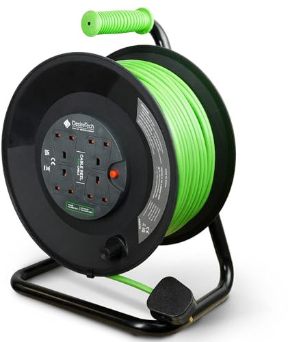 Desiretech - 4 Socket Extension Lead - 50m Portable Cable Reel - Thermal Cut Out, Ergonomic Handle, Green/Black - Heavy Duty Extension Cord for Indoor Use (50 Metre)