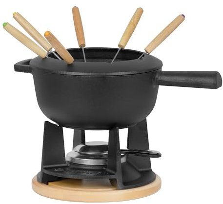 Mahlzeit Gusseisen Fondue Set für 6 Personen | 2 Liter | Fondueset 13 teilig mit Brenner und Gabeln | Fondue-Set, Käsefondue Set, Fleischfondue Set, Schokofondue Set (Schwarz preseasoned)