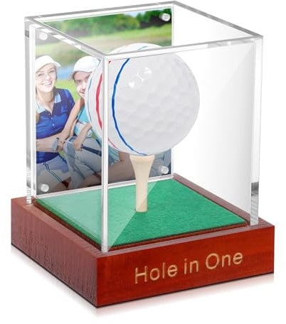 Wenqik Hole in One Golfball-Vitrine mit Holzsockel und Tee-Golf-Vitrine, Clea-Ball-Halter, Ständer, Acryl, transparente Aufbewahrungsbox für Einzelstaub, UV-Schutz