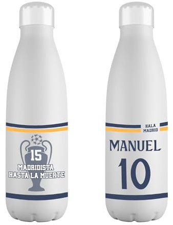Mookase Botella Personalizada del Real Madrid con Nombre - Botella del Real Madrid - Botella de Acero Inoxidable 700 ml- Botellas Equipo de Futbol - Regalo Original - Botella para niña y niño