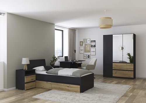 Rauch Möbel Joel, Jugendzimmer, komplettes Schlafzimmer, bestehend aus Bett mit Schubladen 90x200cm,1 Nachtisch, 1 Schreibtisch, Drehtürenschrank mit 2 Schubladen, Farbe Graumetallic/Eiche Artisan