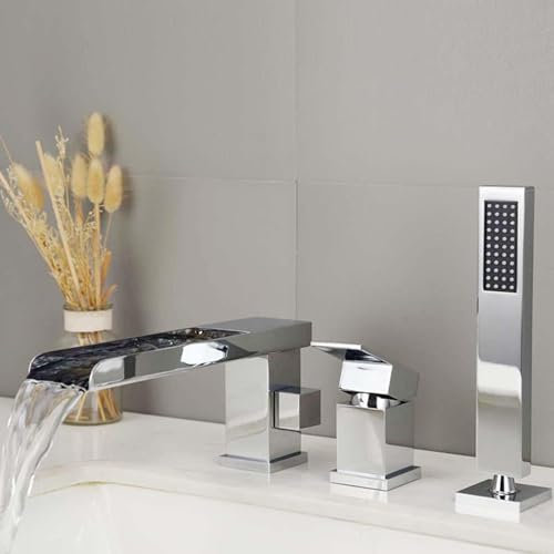 QZQJUILU Badewannen-Wasserfall-Mischbatterien mit Dusche, 3-Loch-Wannenrand, heiß und kalt, G1/2-Anschluss, Messing, Badewannenmischbatterien mit Duschset, gebürstetes Gold