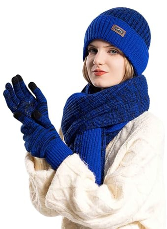 Cexiakong Ensemble bonnet, écharpe, gants, pour homme et femme, tricoté, doublé, bonnet, hiver, écran tactile, gants, écharpe, chauffe-mains pour temps froid, ensemble cadeau 3 en 1 pour l'hiver