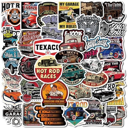 2 x 50 Stück Aufkleber Classic Cars, Sticker Retro, Wasserdichte Vinyl Sticker, Graffiti-Aufkleber, für Auto, Laptop, Motorrad, Koffer, Wasserflaschen, Gitarre, Kinder, Erwachsene