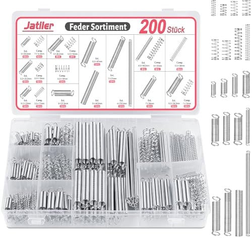 JatilEr 200 Stück Feder Zugfedern Sortiment, 20 Größen Federn Metall Spannfeder Spiralfedern Edelstahl Druckfedern Sortiment mit Box Sprungfeder Set Kit für Werkzeuge, Geräte, Handwerkzeuge, Auto