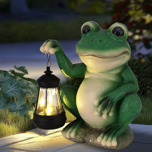 GEOKILO Solar Garden Statues Decorations Outdoor, Frog Figurines with LED Light, Patio Resin Garden Decor, Unique Birthday House Warming Gifts for Women, Mom, Dad,Frog Decor for Patio, Balcony, Yard