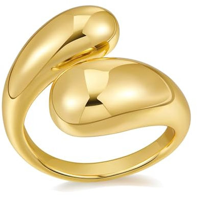 Sterling Silber 925 Ringe für Damen Herren, Gold plattiert polierter Wassertropfenring, hypoallergen 14K Gold plattierter chunky Tropfenring, Klobig Dick Groß Glatter modischer verstellbarer Ring