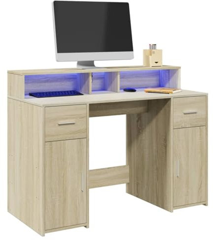 Myheimly Schreibtisch, Computertisch mit LED-Leuchten, Arbeitstisch mit Stauraum, Laptoptisch Gaming Tisch PC Tisch, Holzwerkstoff,Sonoma Eiche,120 x 55 x 91 cm