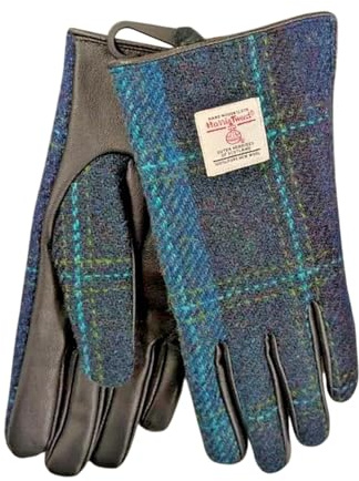 Glen Appin Braune Damen-Handschuhe aus Leder und Harris-Tweed, in Blau mit türkisfarbenem Überkaro, Blau und Türkis, Medium