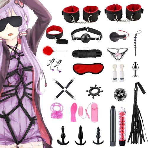 Qoosea SM Bondage Kit 26 Piezas, BDSM Restraints Kits Erótico Set Juguetes Sexuales Plug Anal Butt Plug Set para Parejas, Bondage Set Esposas para Principiantes y Experimentados