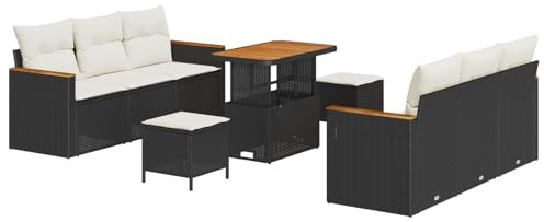 vidaXL Garten-Sofa-Set mit Kissen 9 pcs Schwarz Poly Rattan, Garten und Terrasse, Modernes Modular Sofa Set, Verstellbare Füße, Langlebiges Outdoor-Loungemöbel, Rattan Terrasse