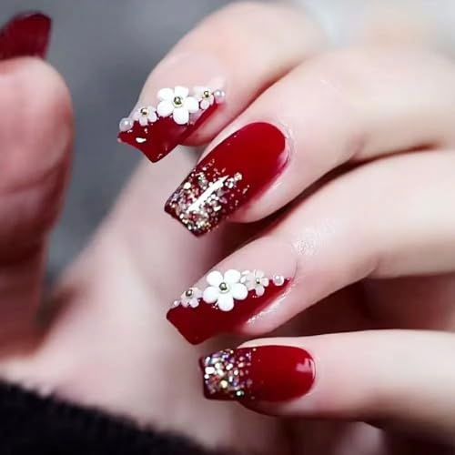Ztcily Faux Ongles Rouge Long Carré, Faux Ongles Ballerine Rouge Or Paillettes à Motifs Fleurs, Faux Ongles pour Mariage Saint-Valentin Nouvel An