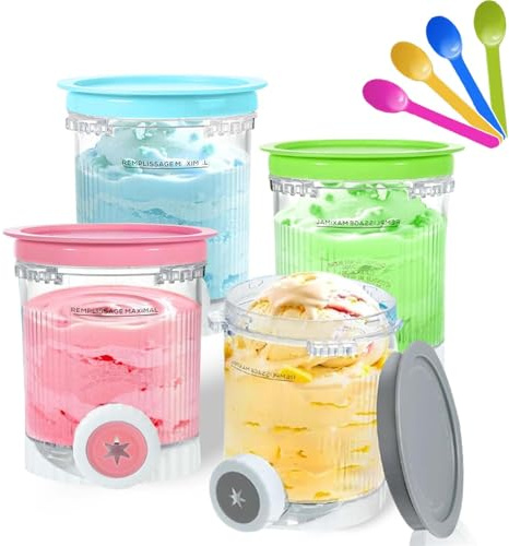 CDDCWZ 4 Pots à Glace 480ml Compatibles avec Ninja Swirl Creami NC700/NC701 | Sans BPA, Lavables au Lave-Vaisselle, avec Cuillères Colorées
