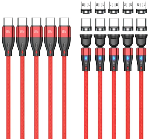 Magnetic Charging Cable (5 Pack,0.5m+1m+1m+2m+2m) USB C to USB C/Micro USB Magnetic Charger Cable PD 60W Quick Charge 540° Rotation 2-in-1 Magnet USB Cable for Micro USB Type C Smartphone Laptop