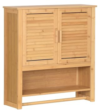AD.CON Hängeschrank aus Bambus fürs Badezimmer Wandschrank mit 2 Türen Handtuchhalter & Ablage Badschrank mit Regalfächern Platzsparend 66x62x20cm Natural (Skandinavisch)
