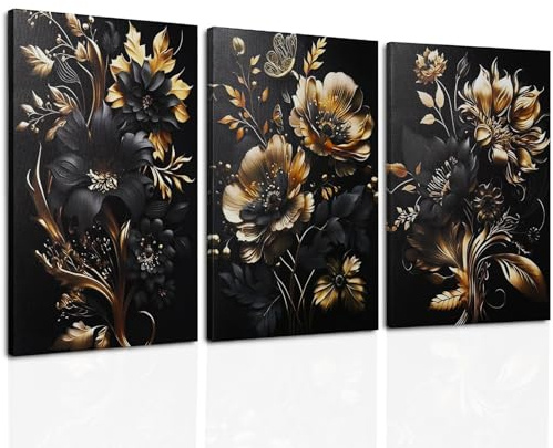milaosk Leinwand Bilder Schwarz Gold Blumen Kunst Wandbilder mit Rahmen | Modern Bild Poster Kunstdrucke Wandkunst Aesthetic Wanddeko für Wohnzimmer Schlafzimmer 30×40cm