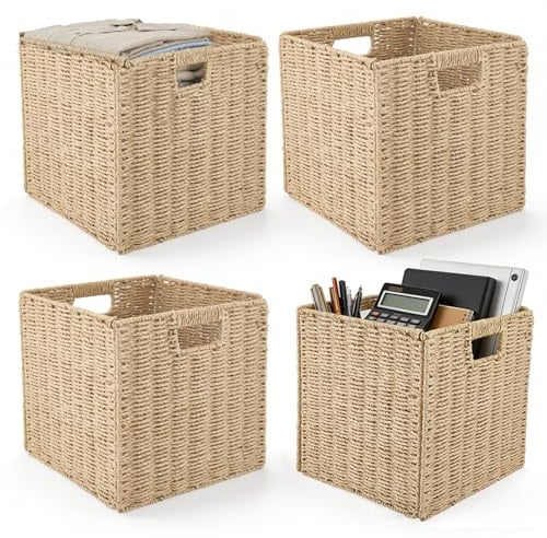 Yigowyigo Kallax Boxen 4er-Set, Boxen Kallax Regal Körbe Geflochten Aufbewahrungskorb 30x30x30cm Natur Flechtkorb Regalboxen mit Griffen, Storage Box für Regale Passend für KALLAX Regal Korb