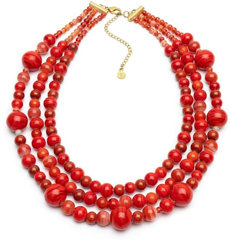 VLNET ® | Vestopazzo collana perle e macramè | Girocollo vistoso con elementi marini color corallo e turchese | Lavorazione artigianale (rosso corallo, 3 fili perle, 51, Centimetri)