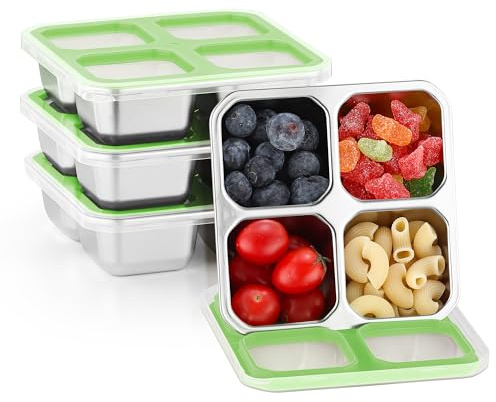 Misichao Stainless Steel Snack Boxes with 4 Compartments 4 Pack Green | Reusable Snack Containers Small Bento Lunch Box for Kids Adults Divided Meal Prep Containers for School Work and Travel