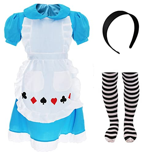 Barn nyfiken flickdräkt – XL – blå klänning med förkläde, svart pannband och randiga tights – Girls World Book Day Book Week maskeraddräkt