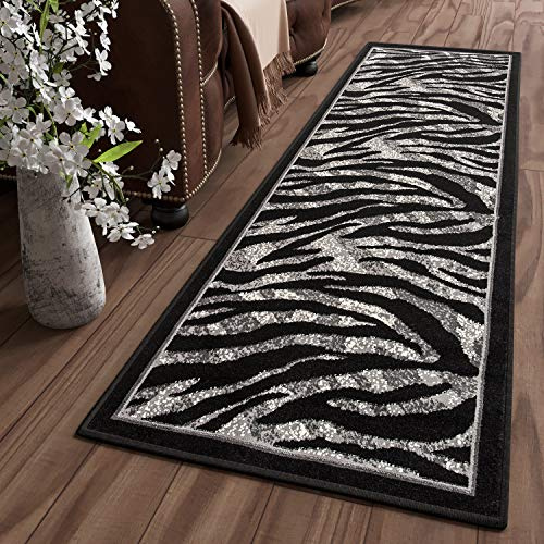 TAPISO Dream Teppich Läufer Flur Brücke Modern Zebra Streifen Tier Muster in Creme Grau Schwarz Korridor Wohnzimmer ÖKOTEX 100 x 190 cm