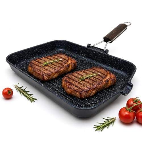 NAMAI - Bistecchiera Antiaderente Pietra 35x25 CM in Alluminio Pressofuso, No Induzione, Pratica, Resistente, Lavastoviglie, Manico Pieghevole Salvaspazio, Made in Italy