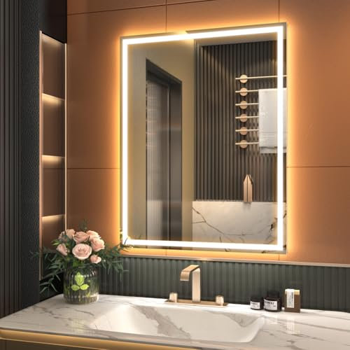 Espejo con sensor LED, espejo de inducción de ondas de mano con Blutooth, iluminado, regulable, antiniebla, IP44, impermeable, espejo montado en la pared (inducción de ondas de mano, 70 x 90 cm)