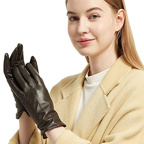 NOVBJECT Lederhandschuhe Winter Damen Touchscreen Lammfell Elegant Kaschmir Gefüttert Warm Outdoor Fahrhandschuhe, Braun, L