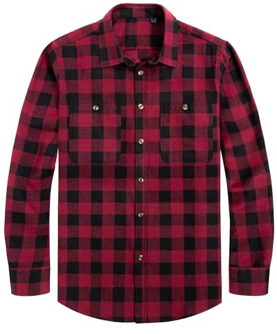 J.VER Flannel Shirt Mens Cotton Long Sleeve Lumberjack Check Shirt Casual Regular Fit Button Down Work Plaid Shirts Burgundy XL