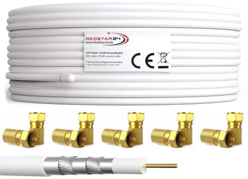 RedStar24 15m Koaxial SAT Kabel 135dB Digital Antennenkabel 5-Fach geschirmt für Ultra HD 4K DVB-S / S2 DVB-C/C2 und DVB-T BK Anlagen | Koaxialkabel Weiß inkl. 10 vergoldete F-Stecker (Weiß, 15m)