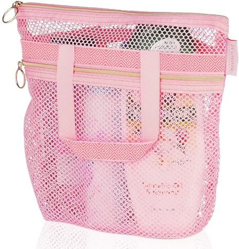 DV Lifestyle Bolsa de ducha de malla de 25 x 26 cm con cremallera y 2 bolsillos. Bolsa de aseo portátil de secado rápido para baño, gimnasio, viajes, campamento, playa, para protector solar