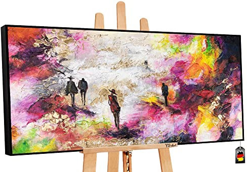 YS-Art XXL Abstrakt Acryl Gemälde auf Leinwand mit Rahmen Frühlingskühle handgemalte Wandbilder Wohnzimmer modern Wohndekor bunt Bilder echte Kunst 140x70 cm