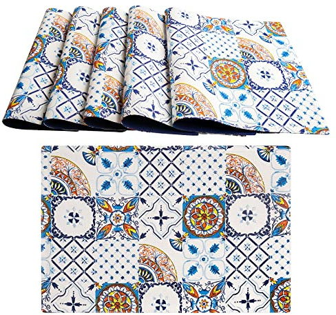 Lot de 6 sets de table américains lavables en coton, sets de table pour petit-déjeuner américain en style faïence 45 x 30 cm avec différentes décorations et couleurs