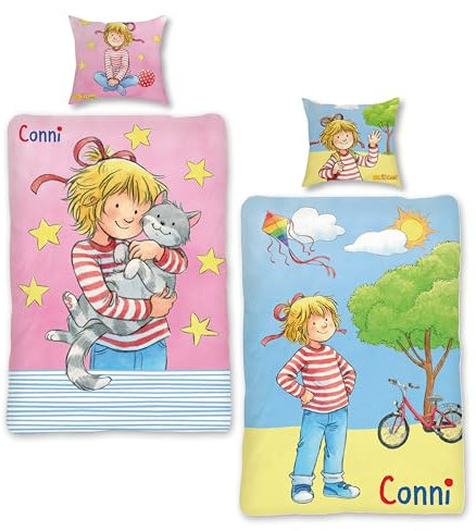Conni Bettwäsche 135x200 80x80 Kissen-Bezug [mit extra Beutel] 100% Baumwolle Bettbezug mit Reißverschluss | Kinder-Bettwäsche Mädchen Conni und Kater Mau Conni Geschenk ÖKO TEX Standard