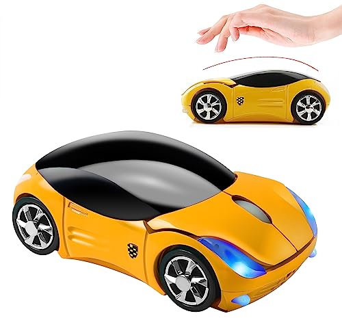 Souris Ordinateur Sans Fil en forme de voiture de sport Mignonne, Optique Souris Sans Fil 2,4G avec Récepteur USB,1600DPI,PC Souris Portable Cadeaux d'anniversaire pour Enfants et Adult (Jaune)