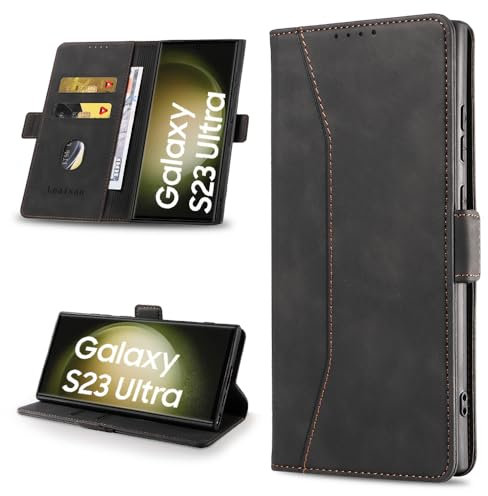 Leaisan Handyhülle für Samsung Galaxy S23 Ultra Hülle (Not S23) Premium Leder Flip Klappbare Stoßfeste Magnetische [Standfunktion] [Kartenfächern] Schutzhülle Tasche - Schwarz
